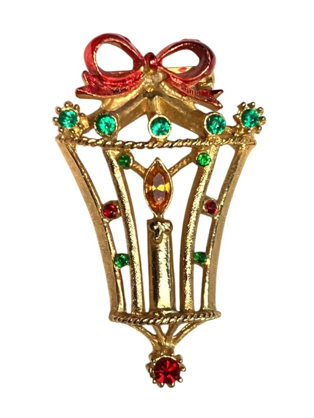 Gold-Tone Christmas Candle Lantern Brooch Pin Signed B.J. Vintage